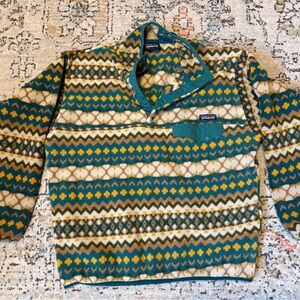 Patagonia Teal and Gold Patterned Crewneck Sweater
